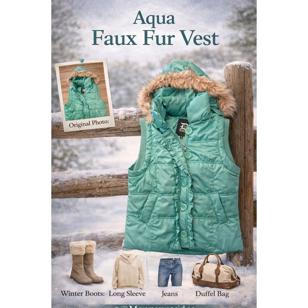 Dollhouse Teal Puffer Vest Faux Fur Hood Ruffle Front Pockets Sleeveless Medium
